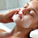 **

A close-up shot of a person gently massaging their face with a foamy, natural soap. The skin appears calm and less red. Soft lighting emphasizes the soothing and moisturizing effect of the soap. The background is blurred to focus on the skincare action.

**