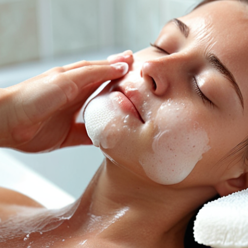 Home 19 **
A close-up shot of a person gently massaging their face with a foamy, natural soap. The skin appears calm and less red. Soft lighting emphasizes the soothing and moisturizing effect of the soap. The background is blurred to focus on the skincare action.
**