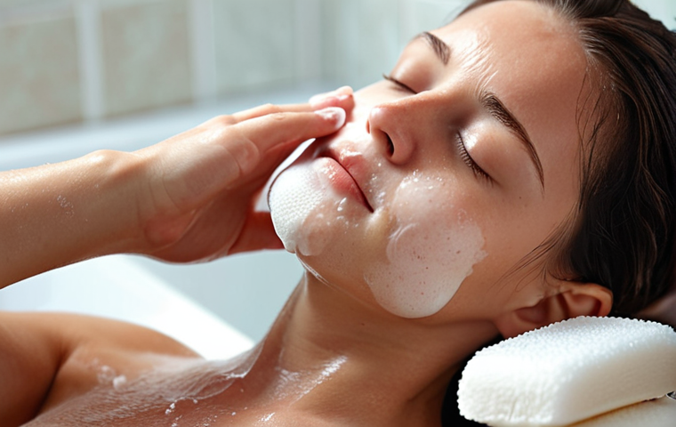 **
A close-up shot of a person gently massaging their face with a foamy, natural soap. The skin appears calm and less red. Soft lighting emphasizes the soothing and moisturizing effect of the soap. The background is blurred to focus on the skincare action.
**