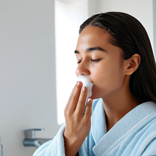 Home 18 A person, gender-neutral, mid-shot, fully clothed in modest, comfortable loungewear, gently washing their face with a rich, creamy lather from a natural, artisanal soap. The scene is set in a clean, brightly lit modern bathroom with soft, natural light. Their hands are well-formed with proper finger count, gently cupping the luxurious foam. The person's expression is serene, portraying deep satisfaction and refreshment after cleansing, especially from fine dust. The focus is on the gentle, effective cleansing and the feeling of purity. Perfect anatomy, correct proportions, natural pose, natural body proportions, safe for work, appropriate content, fully clothed, professional, family-friendly.