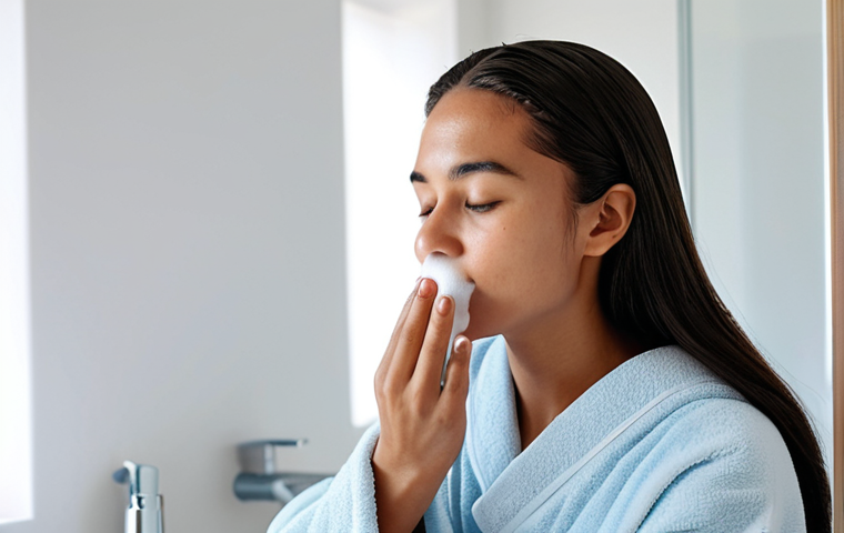 A person, gender-neutral, mid-shot, fully clothed in modest, comfortable loungewear, gently washing their face with a rich, creamy lather from a natural, artisanal soap. The scene is set in a clean, brightly lit modern bathroom with soft, natural light. Their hands are well-formed with proper finger count, gently cupping the luxurious foam. The person's expression is serene, portraying deep satisfaction and refreshment after cleansing, especially from fine dust. The focus is on the gentle, effective cleansing and the feeling of purity. Perfect anatomy, correct proportions, natural pose, natural body proportions, safe for work, appropriate content, fully clothed, professional, family-friendly.